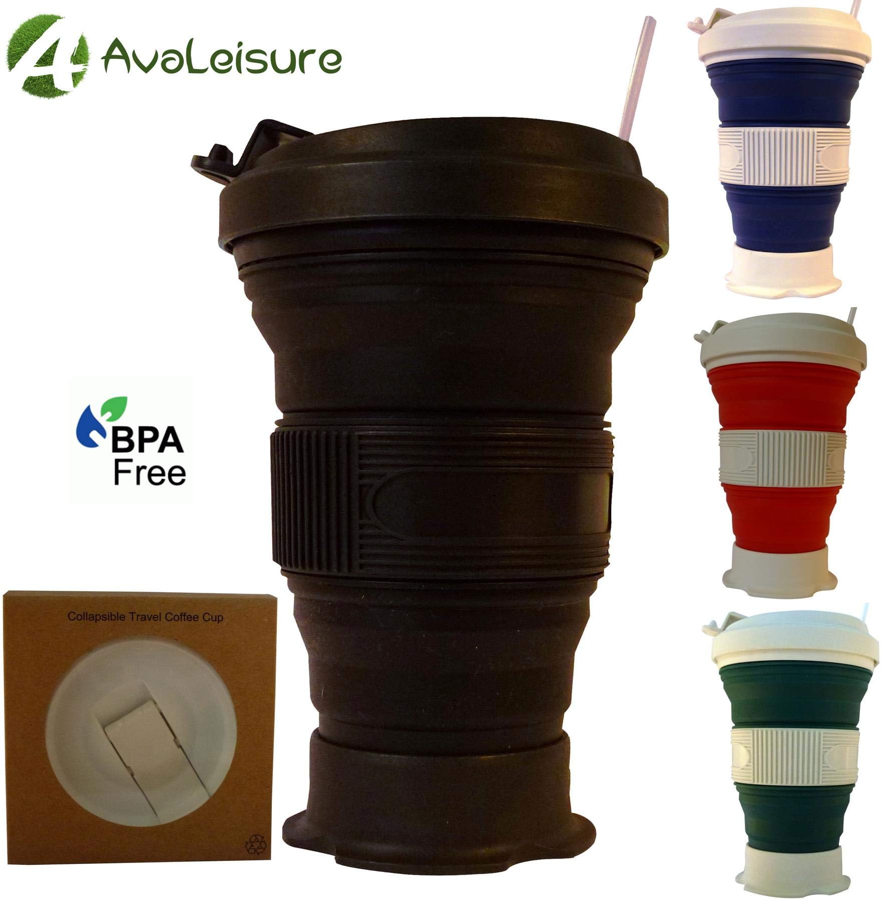AVALEISURE 16oz Collapsible Travel Cup - Big, Foldable Silicone Mug with Leak-Proof Lid for Coffee, Water, Tea - Portable Camping, Hiking Mugs