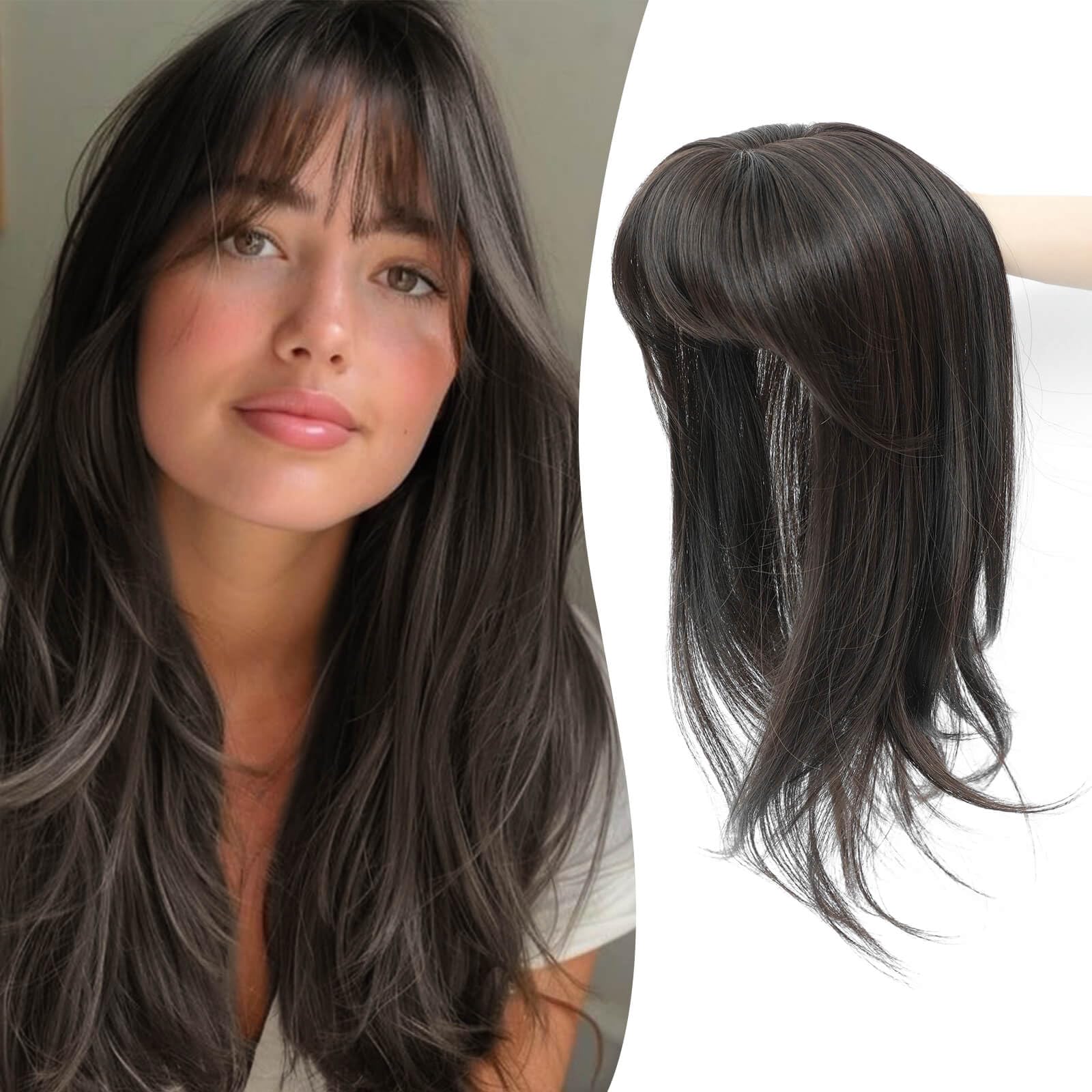 Photo 1 of Ms Taj 18 Inch Hair Topper with Clip in Bangs, Synthetic Fluffy 4"x5" Layered Straight Toppers for Women, 360° 3D Cover Bangs Hairpiece for Thinning Hair(Dark Brown)