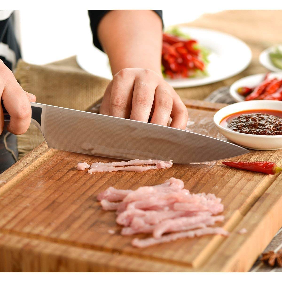 Kochmesser 20cm, CUSIBOX Küchenmesser aus rasiermesserscharfem Hartstahl, Profi Chefmesser, Scharfe Fleischmesser, Allzweckmesser mit Ergonomischer Holz-Griff