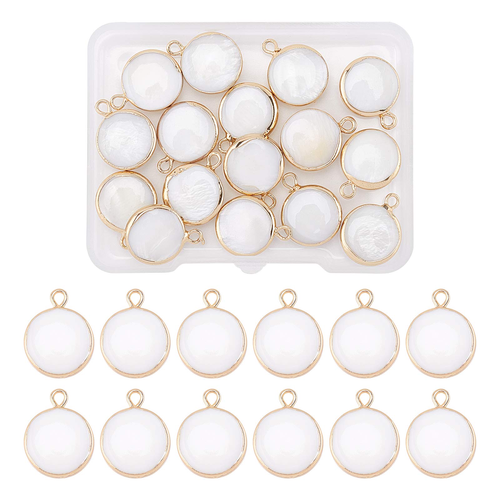 BENECREAT 16PCS Freshwater Shell Charms Pendants Flat Round Shell Charms with Gold Plated Brass Edge for Bracelet Necklace DIY Jewelry Making, 16x13x5mm