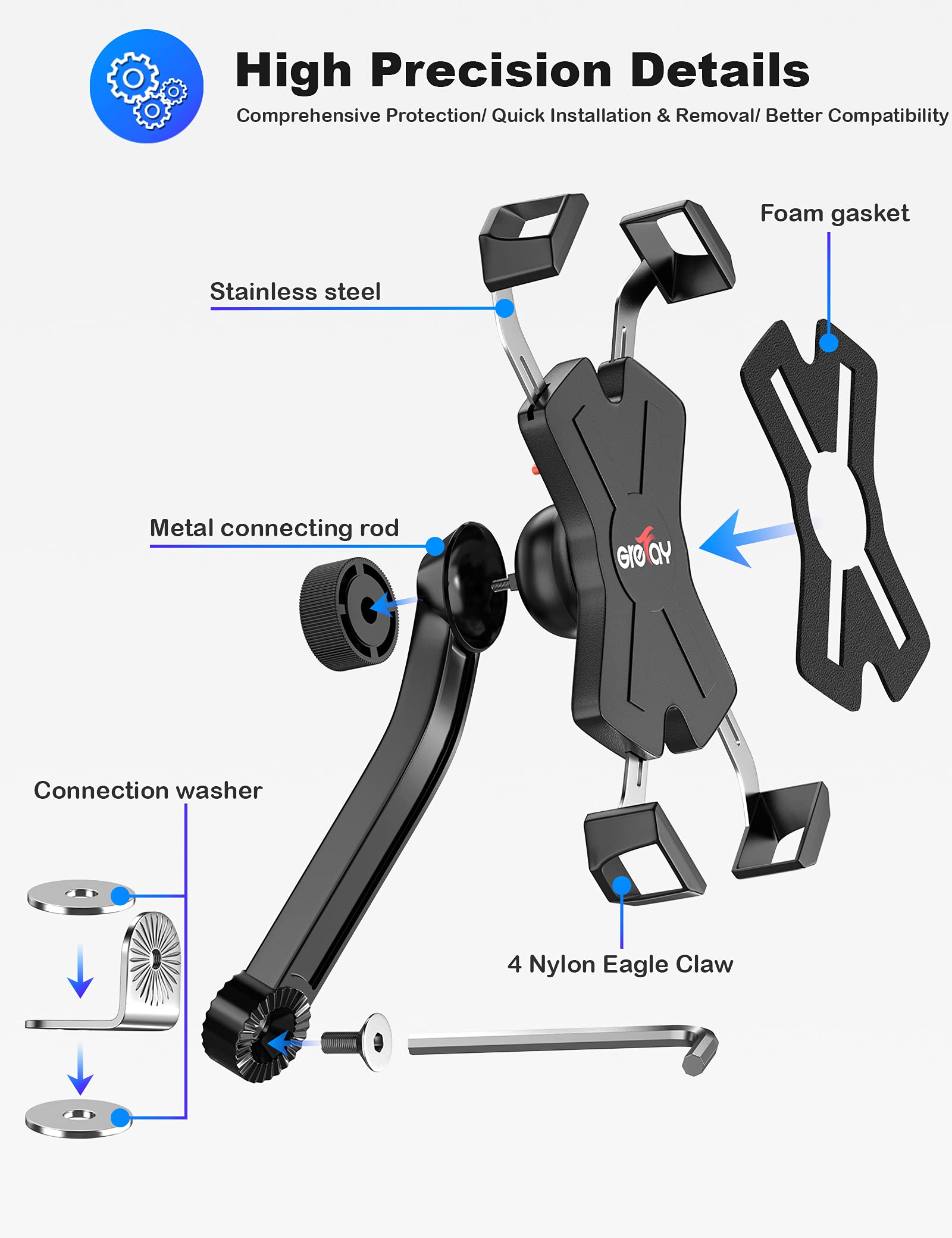 Motorcycle Phone Mount, Auto Shrink Metal Phone Mount for 4.0-7.0 Inch Smartphone for Motorcycle Rear View Mirror with 360° Rotatabe