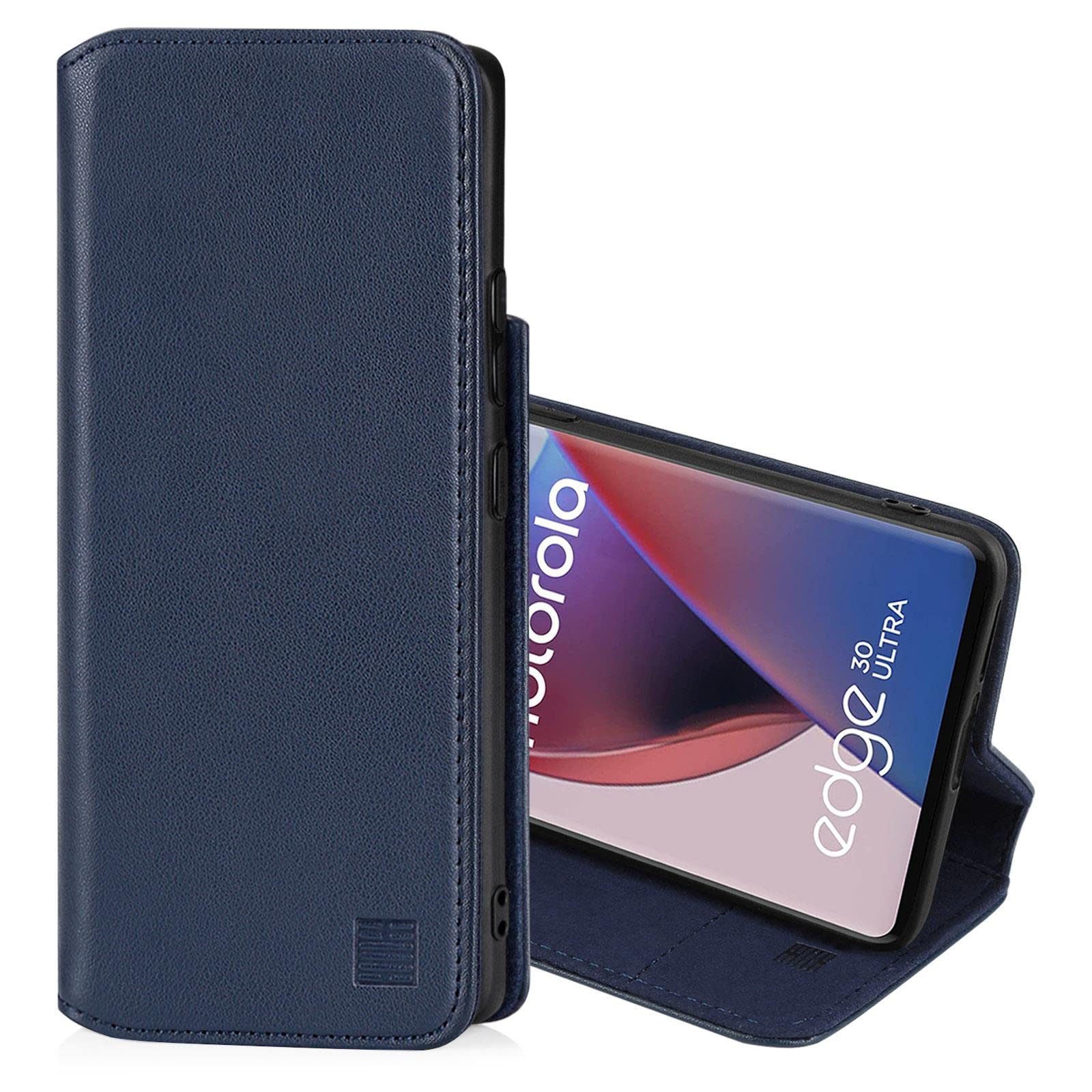 32nd Classic Series 2.0 - Real Leather Book Wallet Flip Case Cover For Motorola Moto Edge 30 Ultra, Real Leather Design With Card Slot, Magnetic Closure and Built In Stand - Navy Blue