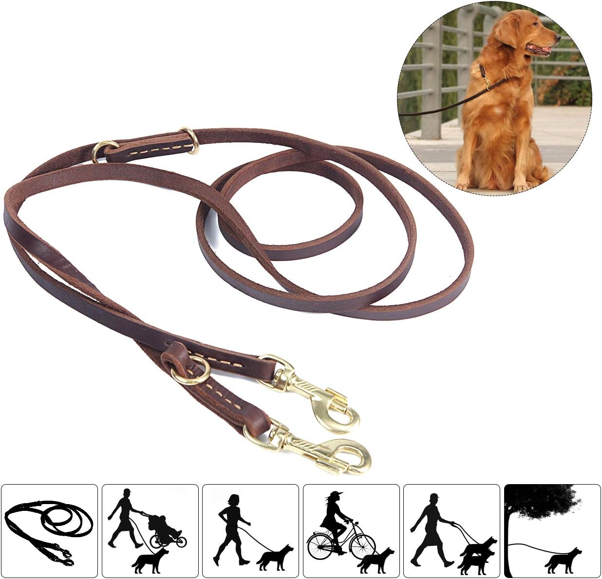 TOPAUP Leather Dog Lead Leash Multi-functional Dog Leash 2.5M Long Handmade Leather Dog Training Leads Adjustable Hands Free Dog Leash for Running, Jogging, Walking, Hiking