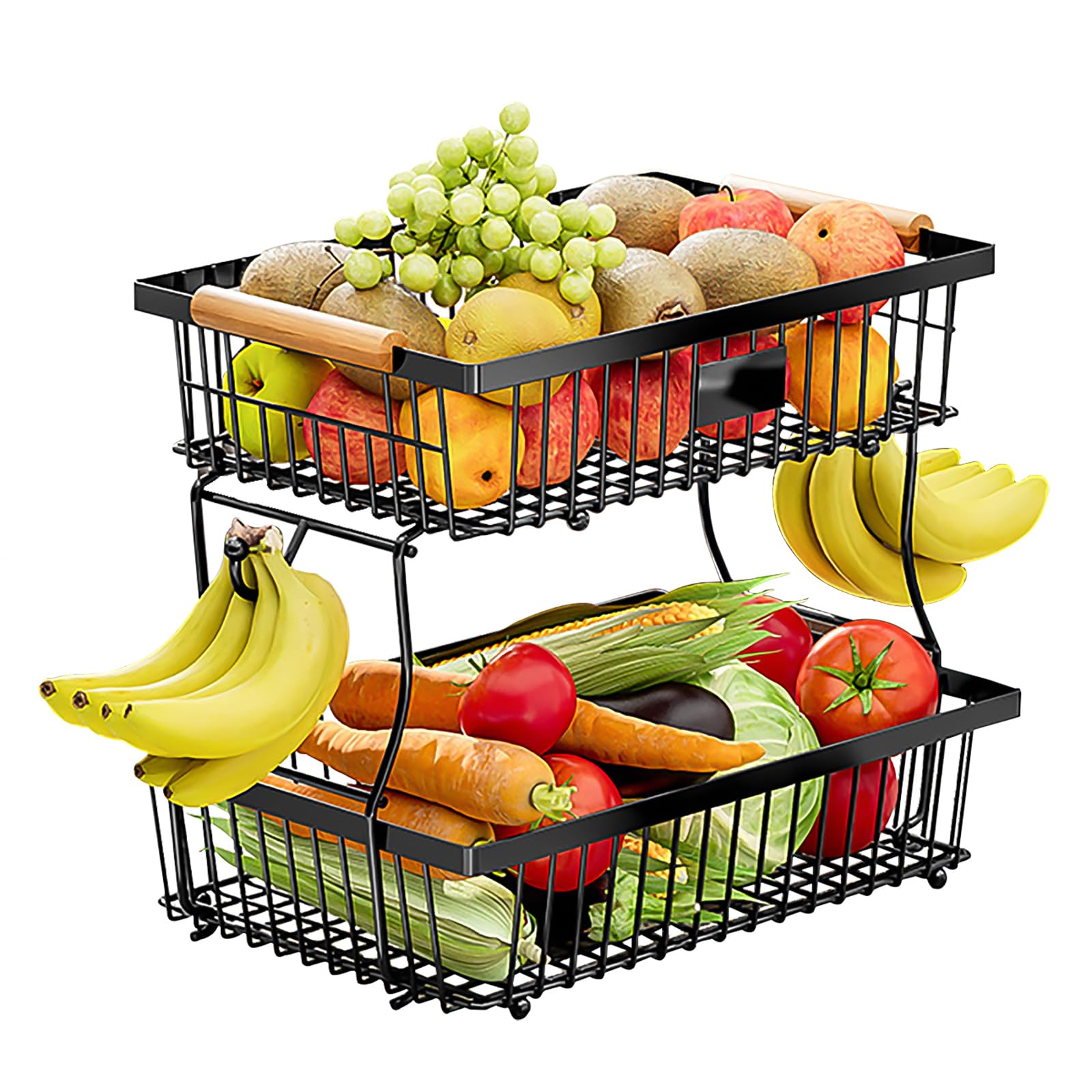 Foeska Fruit Basket with Banana Hangers, Fruit Baskets for Kitchens - Wooden Handle, Easy Installation, Detachable - Ideal Fruit Bowl and Vegetable Rack, Fruit Bowl with Banana Hanger (Black-2 Tier)