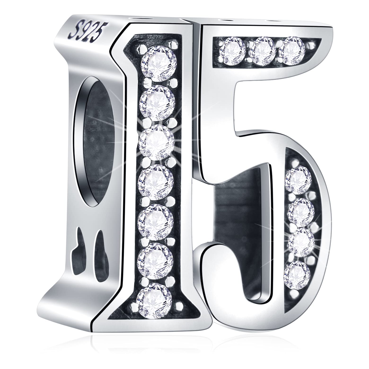 15 Birthday Charms fits Pandora Women Bracelet, 925 Sterling Silver 15th Anniversary Beads with CZ Birthstones, Number 15 Years of Love Gifts for Girl/Boy/Teen
