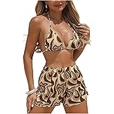 RoseSeek Women's 3 Piece Swimsuit Boho Triangle High Cut Halter Bikini Set Bathing Suit with Beach Shorts