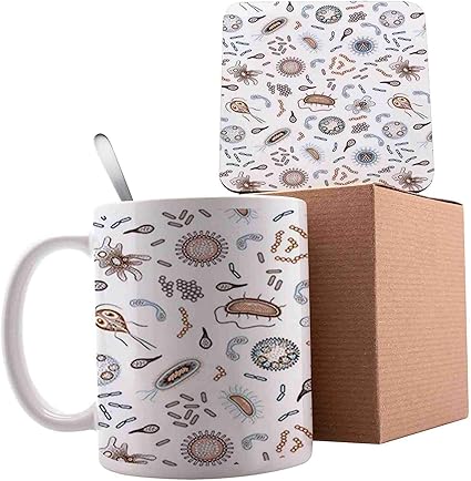 Amazon Co Jp バクテリアウイルスと細菌病 微生物細胞 病気 健康 マルチカラー セラミックマグカップ スプーン コースター クリエイティブモーニングミルク コーヒー 紅茶 磁器 11オンス 家族へのギフト ホーム キッチン