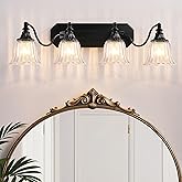DvmTeom Black Vintage Bathroom Vanity Light Fixture, 4-Light Vanity Light for Bathroom, Antique Matte Black Finish with Cryst