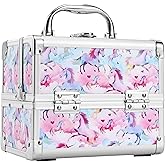 Joligrace Makeup Case for Girls Cosmetic Train Case Makeup Storage Box Jewelry Organizer Hair Accessories Lockable with Trays & Mirror Kids Gift Coloful Pink Unicorn