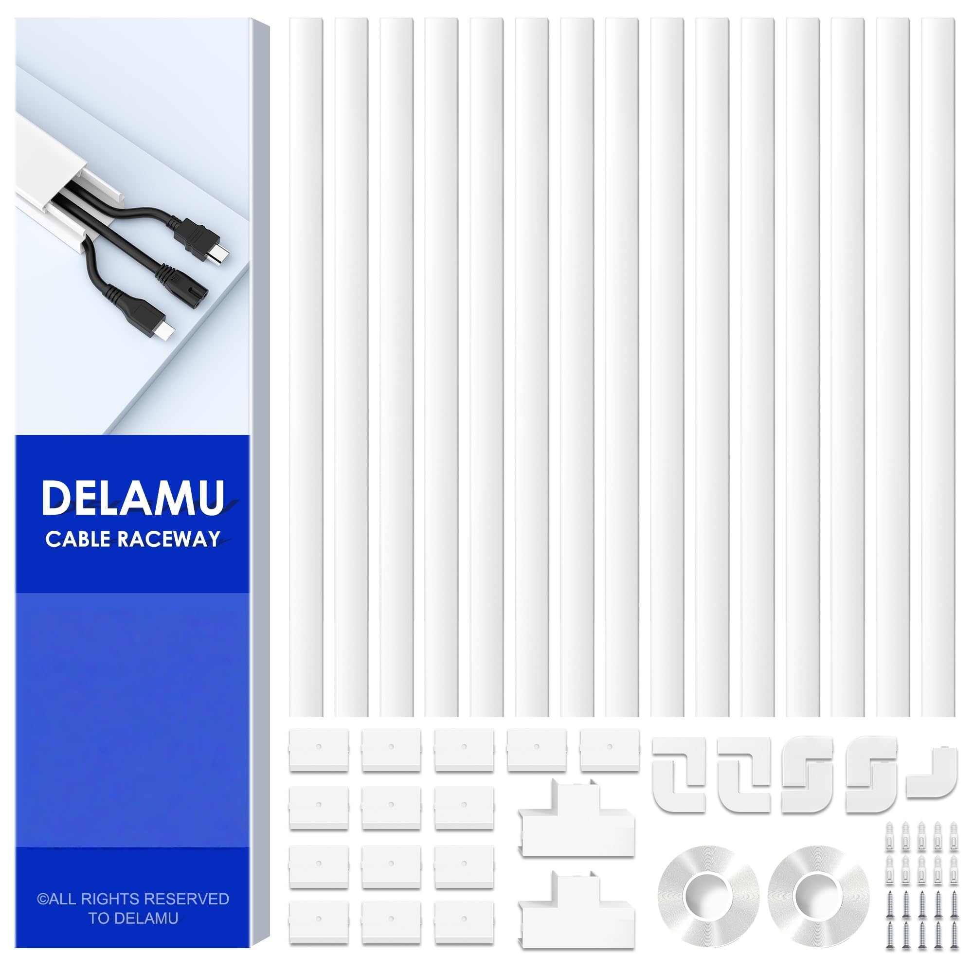 Delamu 254in Cord Hider, Cable Hider Cord Covers for Wires on Wall, Wire Hider Wire Covers for Cords on Wall, TV Cord Hider for Wall Mounted TV, Cable Management for 2-3 Wires, 15x L16.9 W0.95 H0.55in