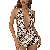 Milumia Women's Leopard Print Short Jumpsuit Halter Deep V Sexy Rompers Party Club Festival Outfits