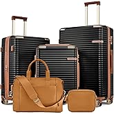 Joyway Expandable Luggage Sets 5 Piece with Leather Bag, Lightweight Hard Shell Travel Suitcase Set with Spinner Wheels and TSA Lock, Black