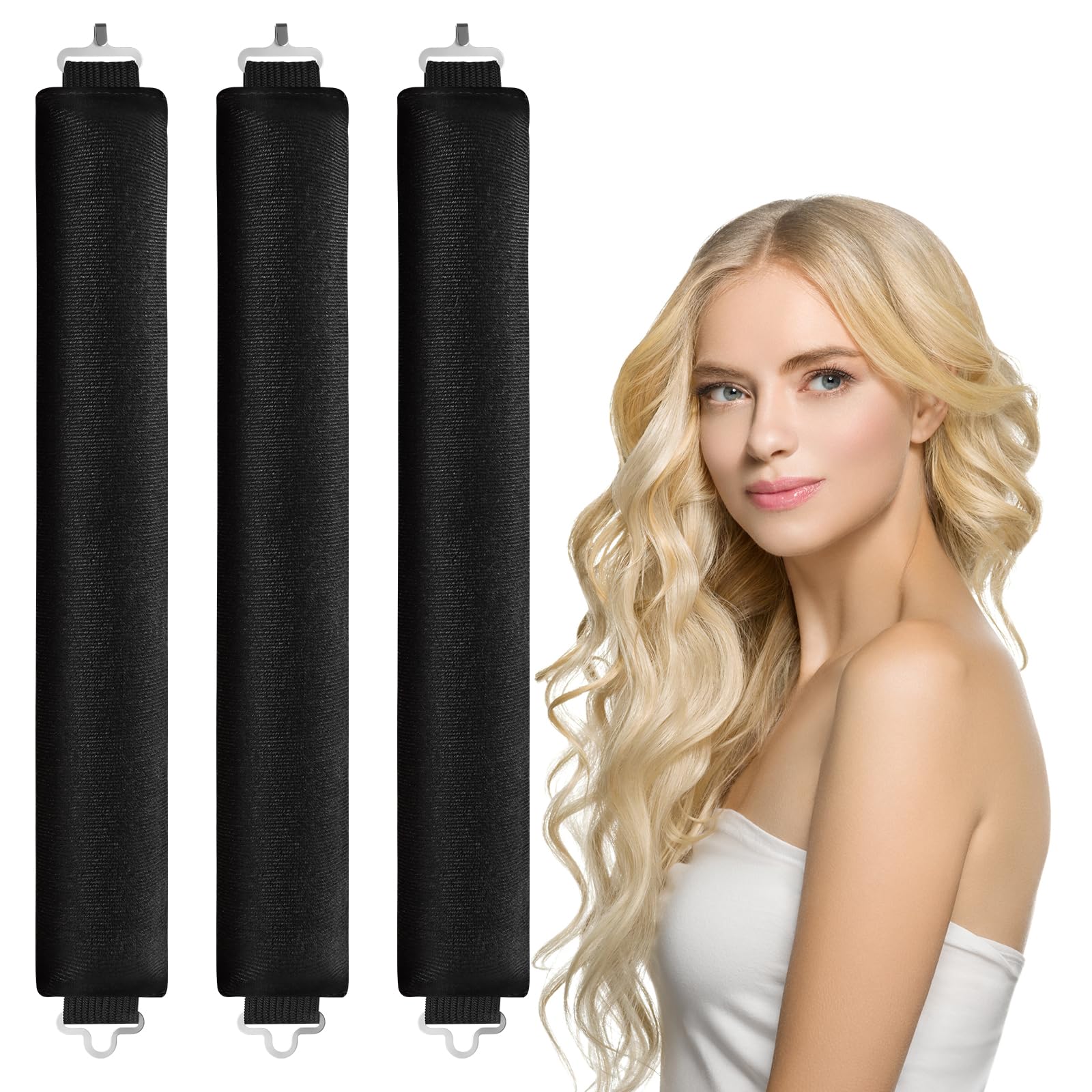 LOPHE 3 Pcs Heatless Hair Curler, Heatless Curls Blowout Rods Headband for All Hair Types, Soft Hair Roller Rods with Hook, Overnight Heatless Hair Curlers, Women Long Hair Styling Tools, Black