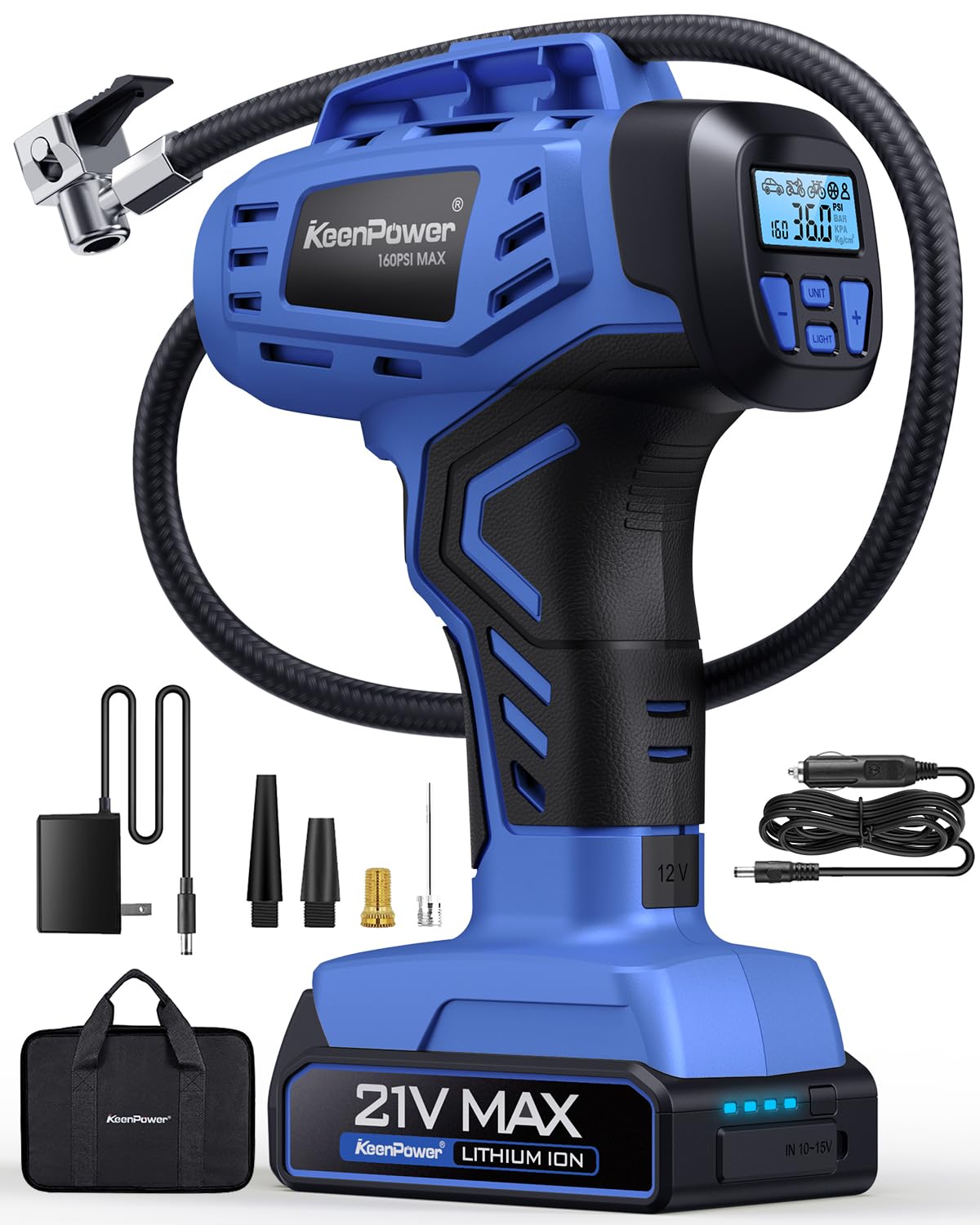 Photo 1 of KeenPower Smart Cordless Tire Inflator Portable Air Compressor Rechargeable 21V Battery Powered 160PSI Handheld Air Pump w/4+N Smart Modes & Dual Power & Digital Pressure Gauge for Cars Motorcycles