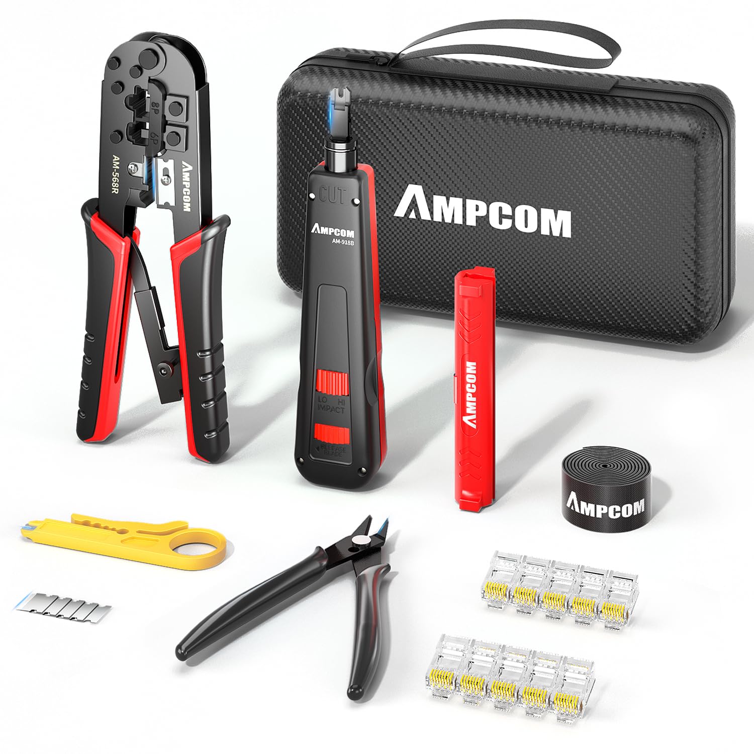 AMPCOM Ethernet Crimping Tool Kit 7-in-1 RJ45/RJ11 Network Tool Kit for Cat6/Cat5e/Cat5 RJ45 Connectors with 110 Punch Down Tool Wire Stripper in Portable Waterproof Bag