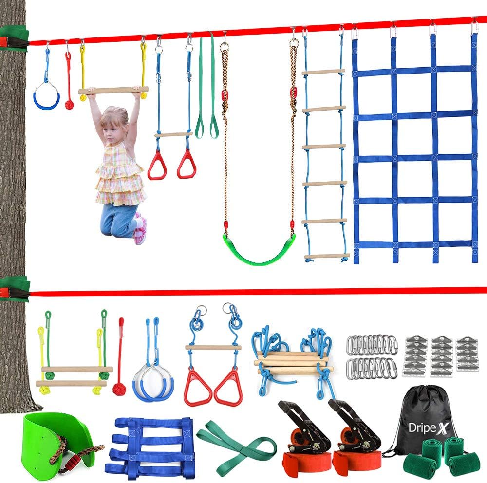 Ninja Warrior Obstacle Course for Kids - 2X65FT Longest Ninja Slackline with Most Complete Accessories for Kids, Swing, Trapeze Swing, Rope Ladder, Obstacle Net Plus 1.2M Arm Trainer: Toys & Games