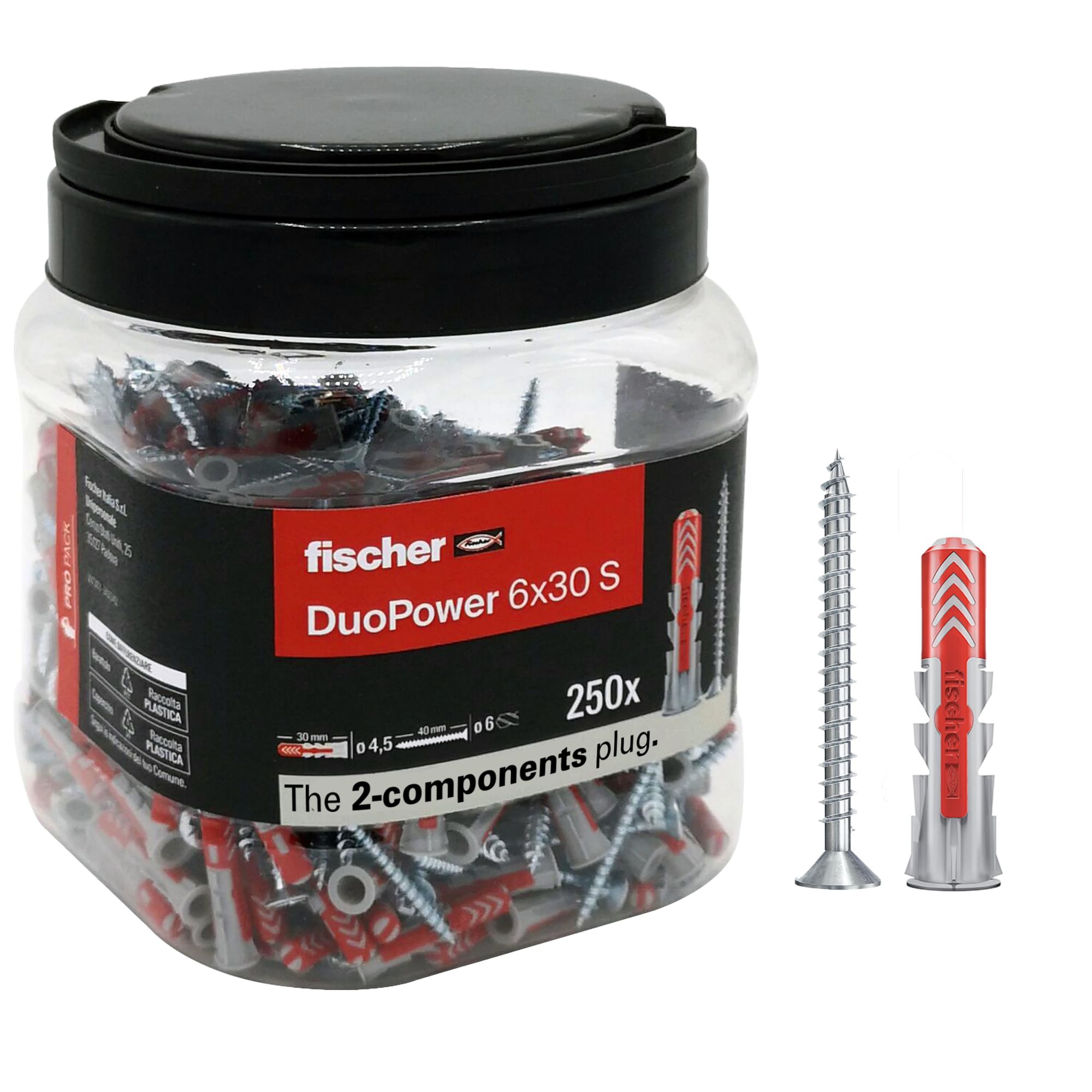 Fischer Propack Duopower 6x30, 250x Reusable Dowels with Screw in Jar, for Fixing on Concrete, Masonry and Drywall, 572885