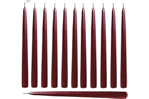 CANDLE CHARISMA Burgundy 10 Inch Taper Candles - Pack of 12 Premium Unscented, Dripless & Smokeless Hand-Dipped Candles for Birthday, Wedding or Dinner Decorations and Formal Candlelighting