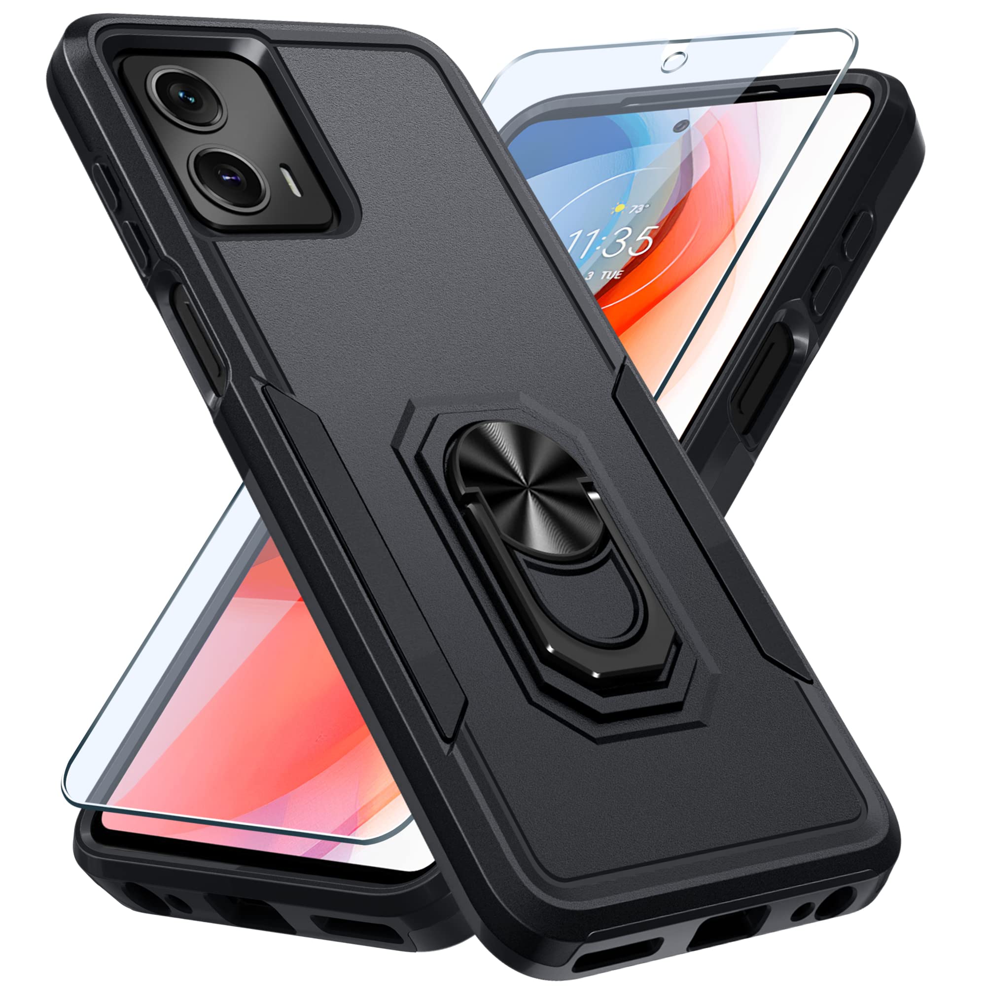 Janmitta Compatible with Moto G 5G 2023 Case with Screen Protector,Heavy Duty Shockproof Full Body Protective Cover Built in Rotatable Metal Ring Holder Kickstand,Black Matte