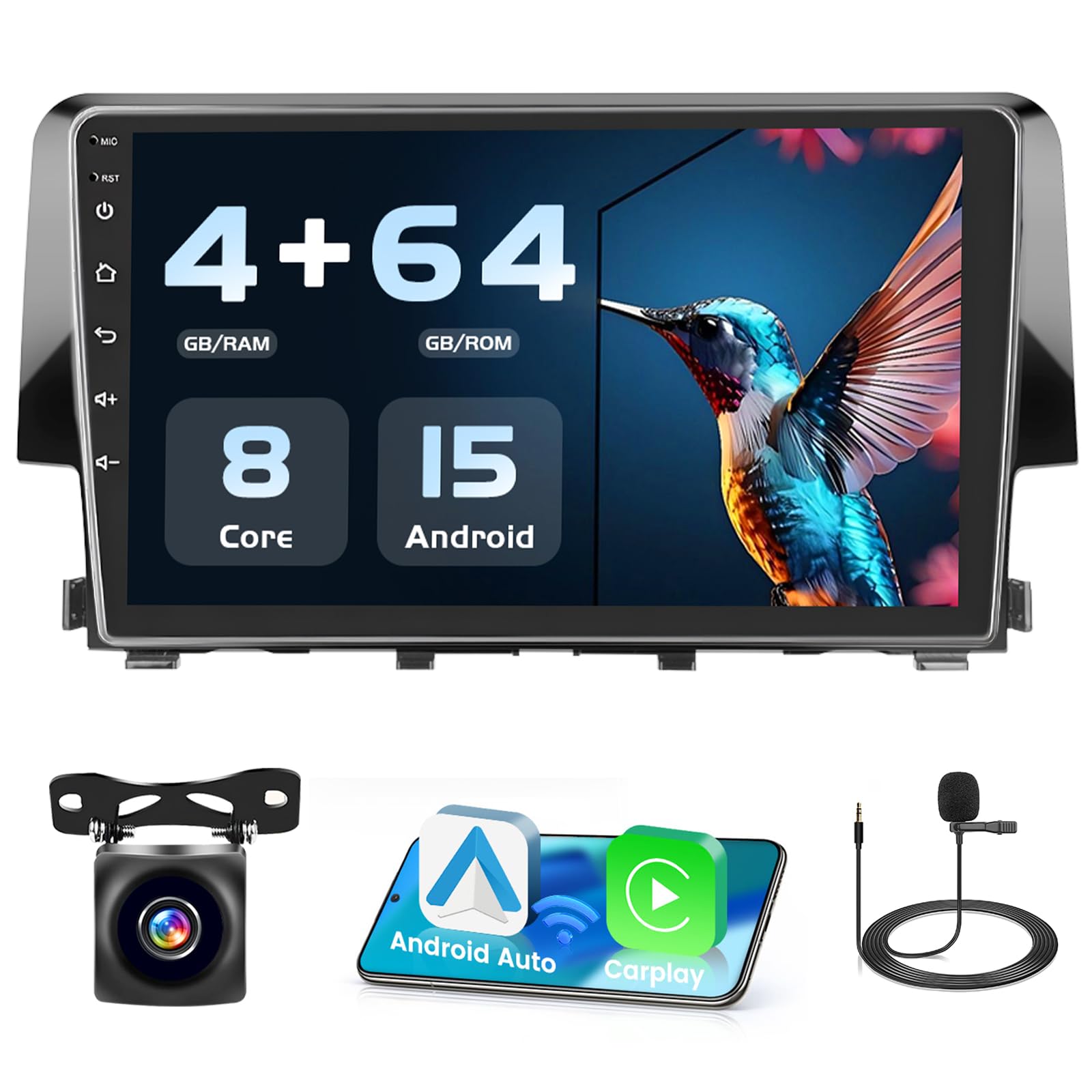 Photo 1 of [4+64G 8 Core] Android 15 Radio for Honda Civic 2016-2020, Android Car Stereo Wireless Carplay, Roinvou 9 inch Touch Screen for Civic Radio Upgrade, 5G WiFi, GPS, Bluetooth 5.0 + Backup Cam