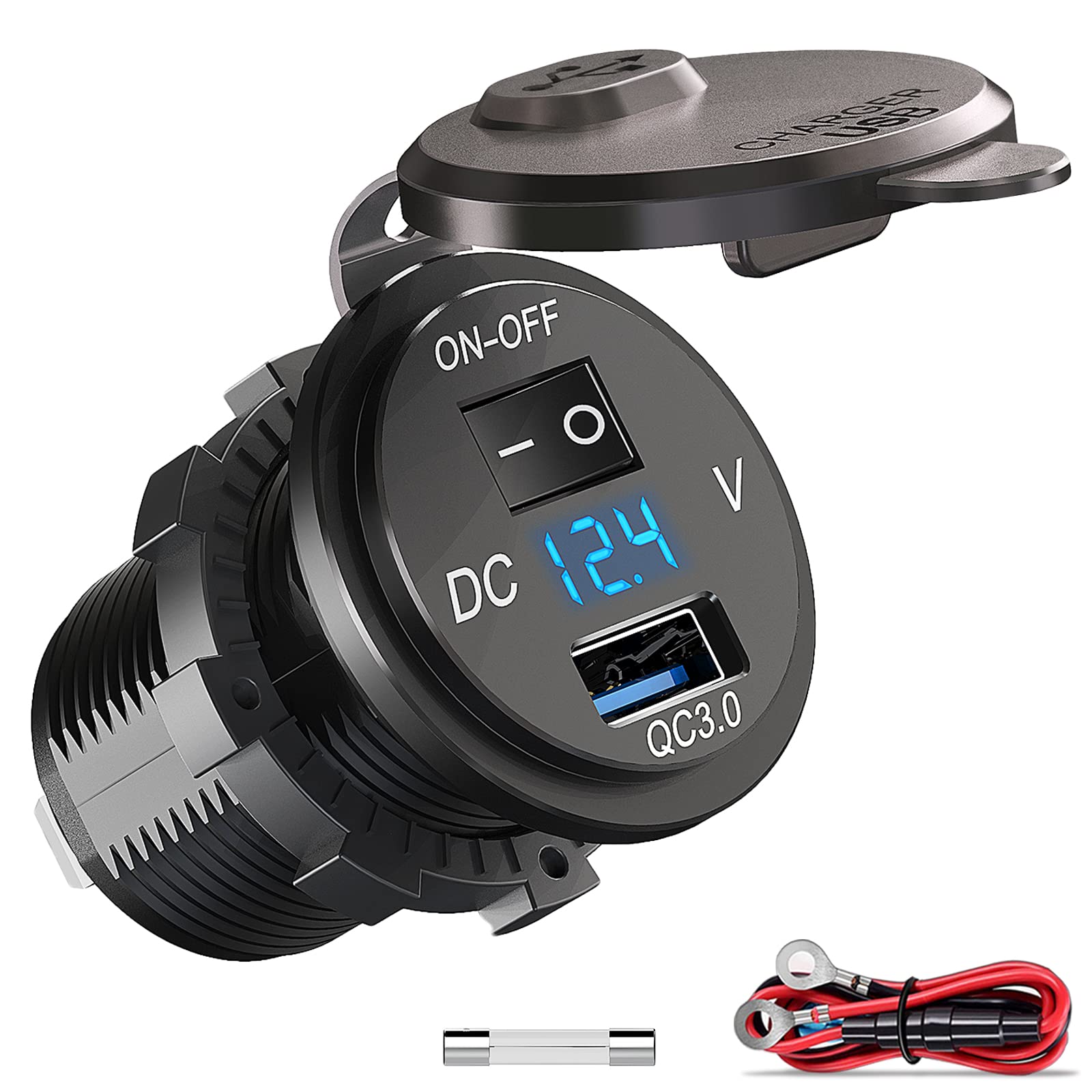 Qidoe 12V/24V USB Car Power Socket, Quick Charge 3.0 USB Car Charger IP66 Waterproof QC3.0 Fast Charge with LED Voltmeter for Car, Boat, Motorcycle, Caravan, Truck and More