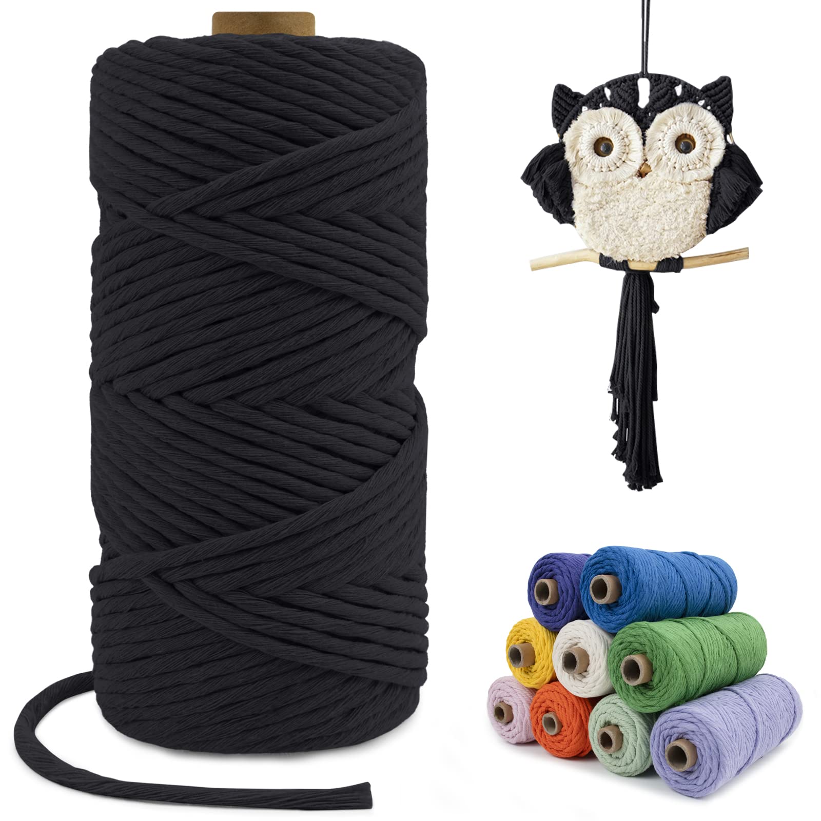 LEREATI Macrame Cord 4mm x 100m, Single Strand Thick Macrame Rope Yarn Natural Cotton Cord, Craft Macrame String for Plant Hanger, Wall Hanging, Knitting, DIY, Home Decorations (Black)