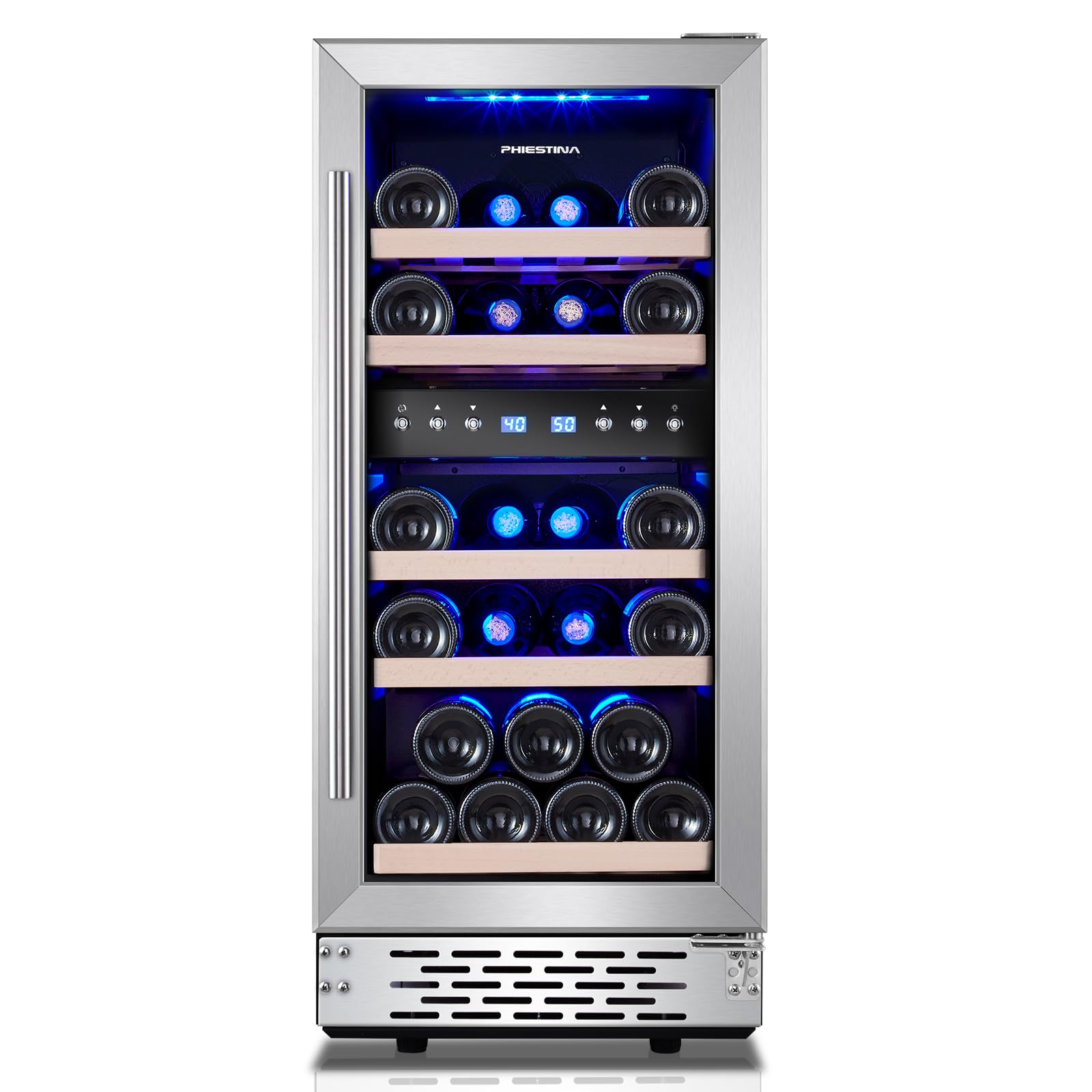 Phiestina Wine Fridge, 15 Inch Small Wine Cooler Refrigerator 31 Bottles Dual Zones Under Counter Temperature Control Built-in/Freestanding