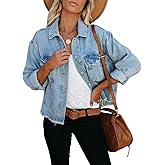 LONGBIDA Women's Jean Jacket Frayed Washed Button Up Cropped Denim Jacket With Pockets