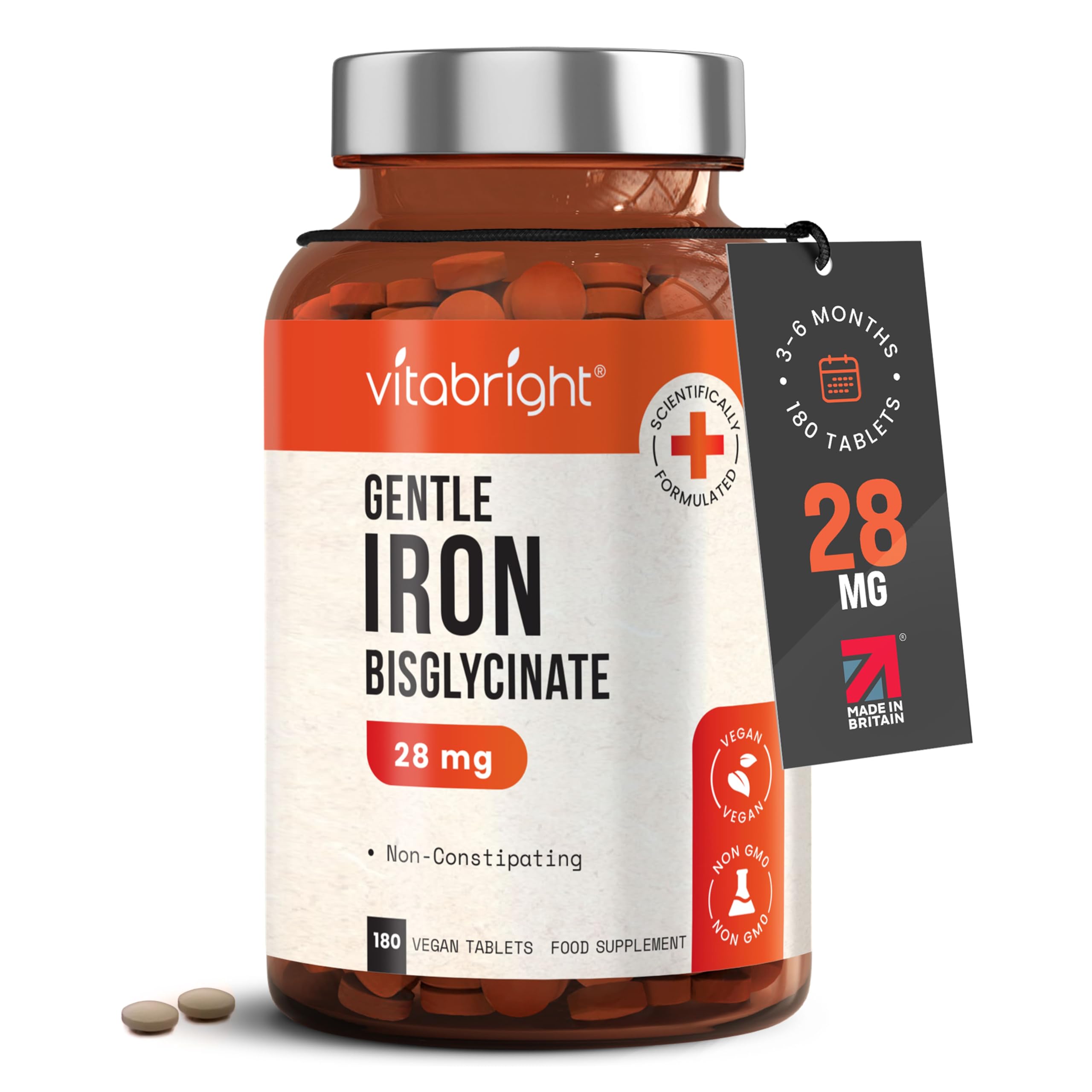 Iron Supplements for Women & Men | 28mg | 180 Gentle Iron Tablets | High Strength Ferrous Bisglycinate | Non Constipating | Supplements for Tiredness and Fatigue | VitaBright