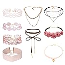 Tpocean 9 PCS Pink Lace Choker Necklace Set Gothic Floral Tattoo Gold Chain Choker Necklace for Women Girls 90s