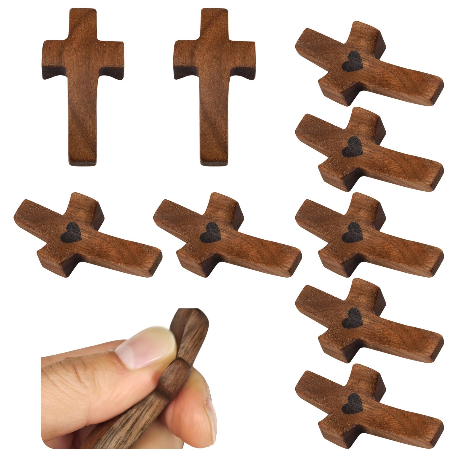 10 Pack Cross My Heart, Walnut Wooden Pocket Cross, 2" Small Carrying Prayer Cross for Hand Holding, Wood Comfort Palm Cross Religious Encouragement Present for Praying Clutching Clinging (10Pcs)