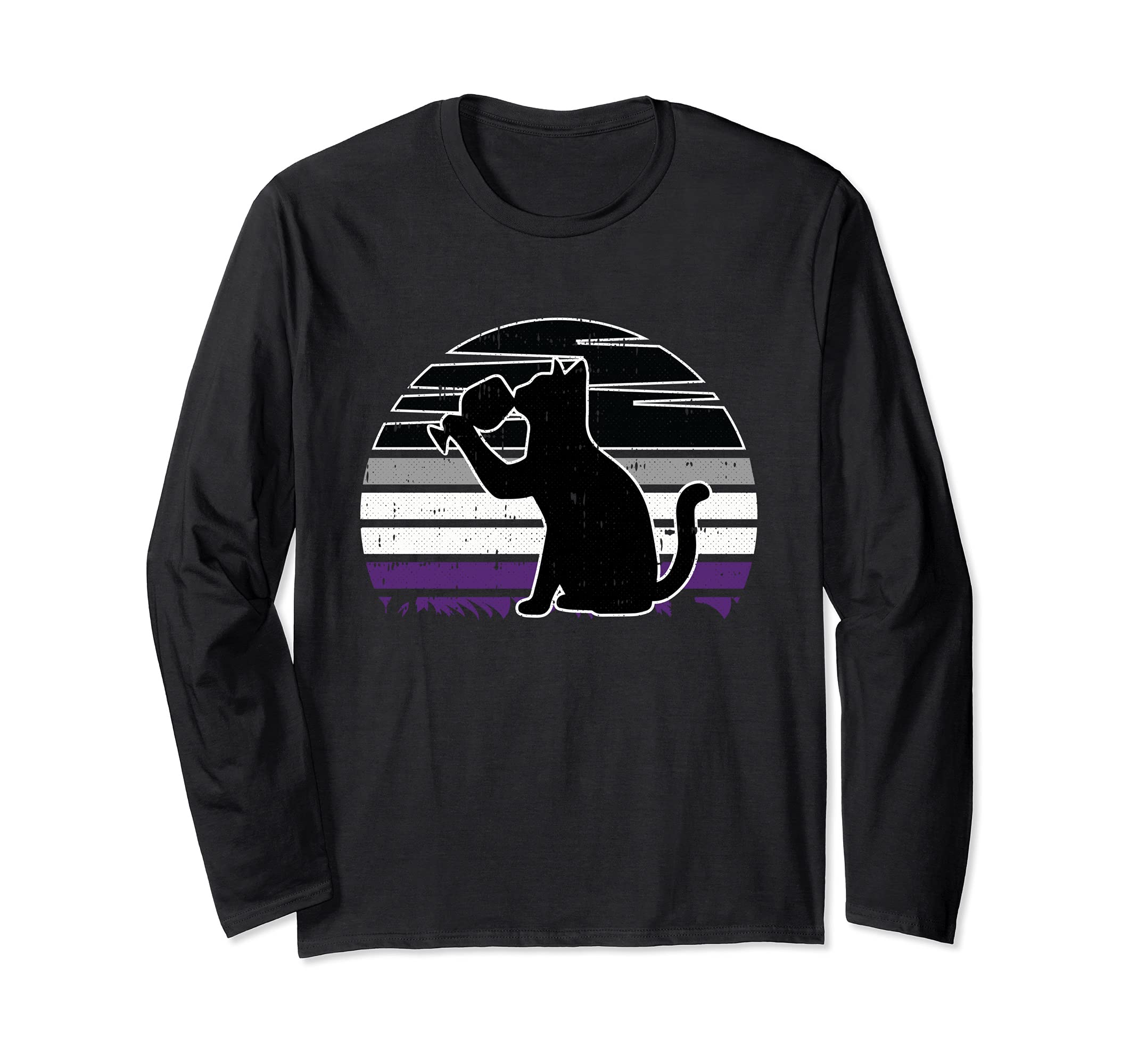Cat And Wine Asexual Pride Retro Drinking LGBT-Q Ally Ace Long Sleeve T-Shirt