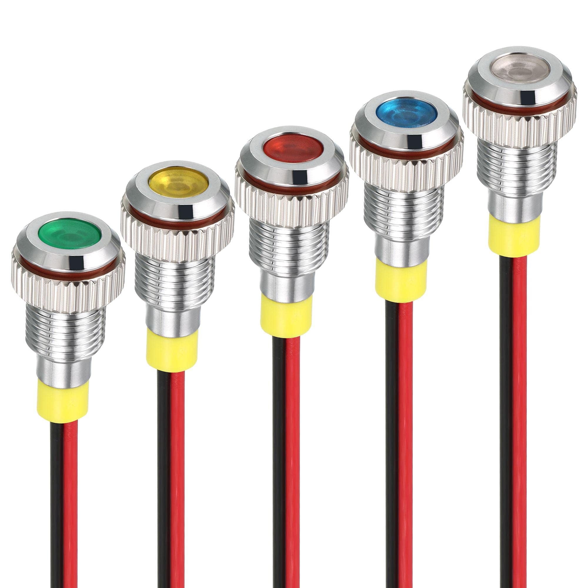sourcing map Signal Indicator Light AC/DC 24V 8mm Dash Lamp Flush Panel Mount Metal Shell White Red Yellow Blue Green 5Pcs