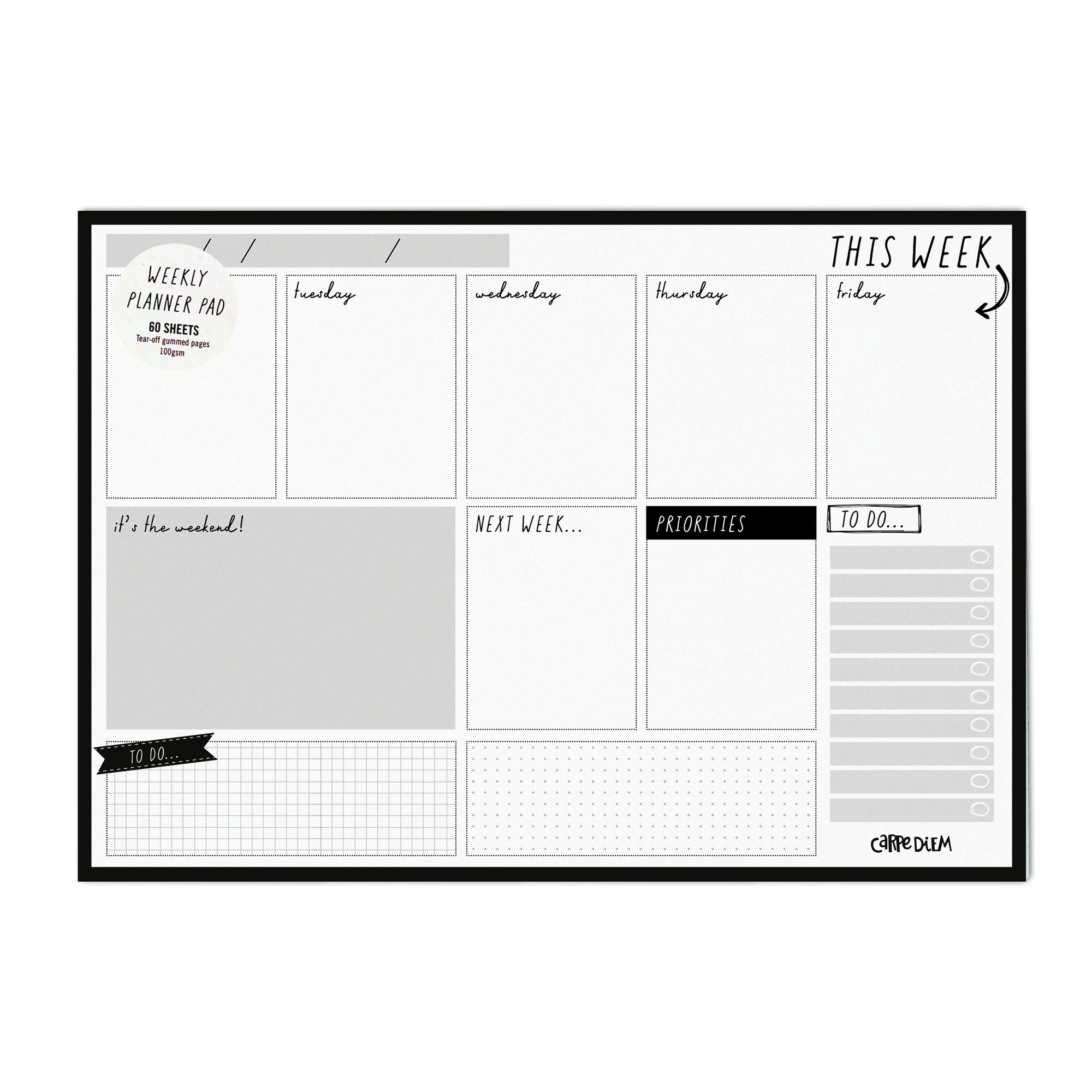Pukka Pad Carpe Diem Weekly Planner Pad for Daily Organization, Scheduling, & Appointments - Includes To-Do List, Weekend, & Priority Sections, 60 Sheets Tear-Off Sheets, 11.7 x 8.3in, Black