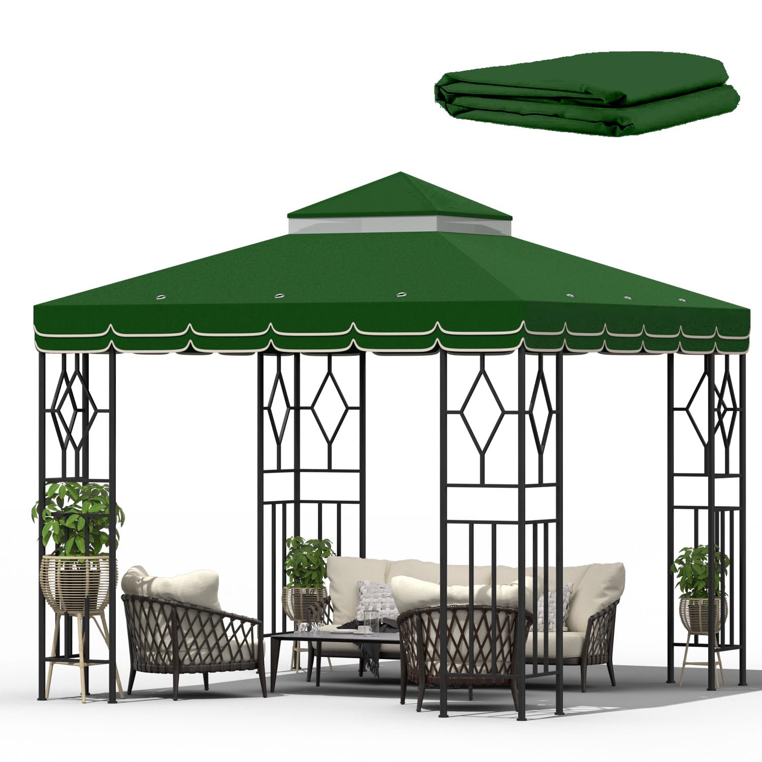Photo 1 of Morikoro 10x10 Canopy Replacement Top Double Tiered Gazebo Cover for Yard, Patio & Garden Durable Sunshade Replacement (Green with lace)