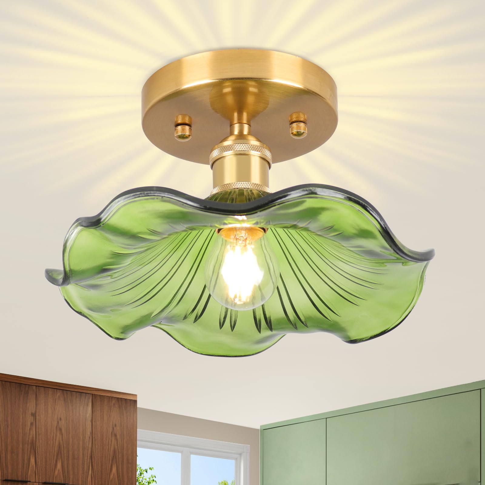 Photo 1 of Loiogohot Semi Flush Mount Ceiling Light,Flower Hallway Vintage Lights Fixture Ceiling Green 8.8" Vintage Light Fixtures for Closet Hallway Kitchen Dining Room