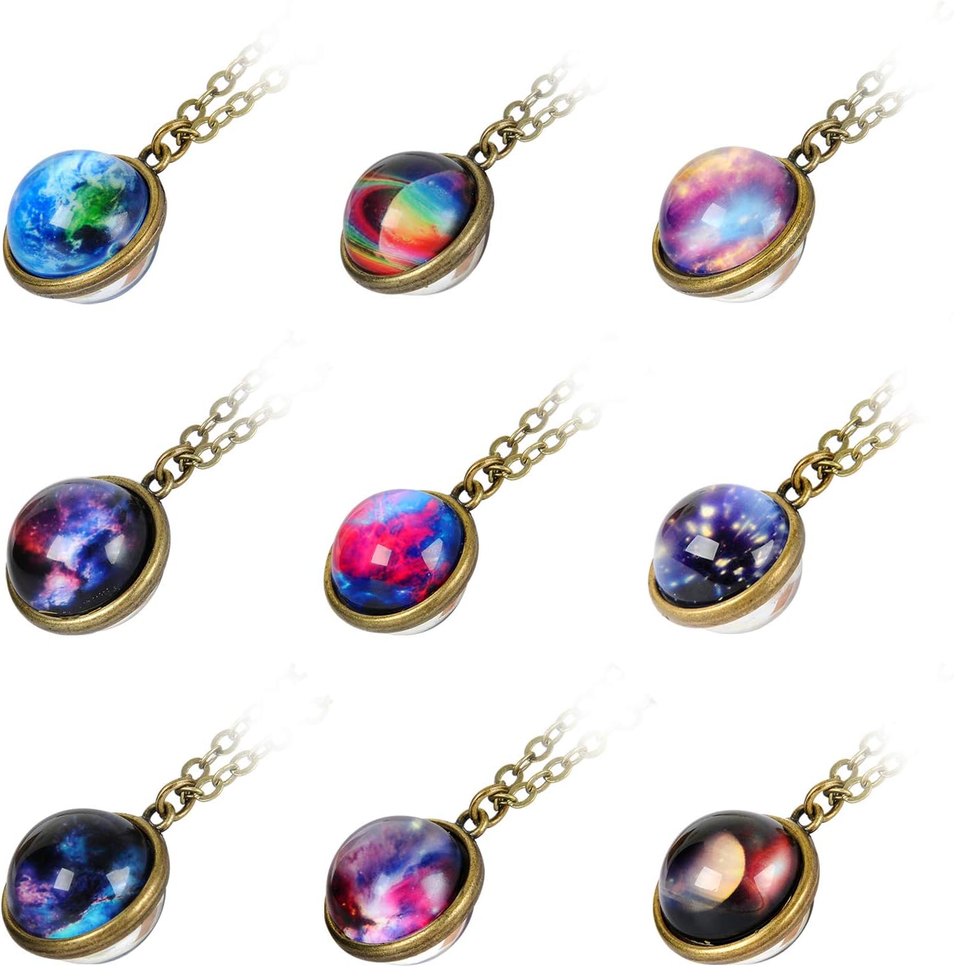 9 Pack Nebula Galaxy Double Sided Pendant Necklace Outer Space Necklace Universe Planet Jewelry Handmade Glass Cabochon Necklace Outer Space Party Favors Supplies