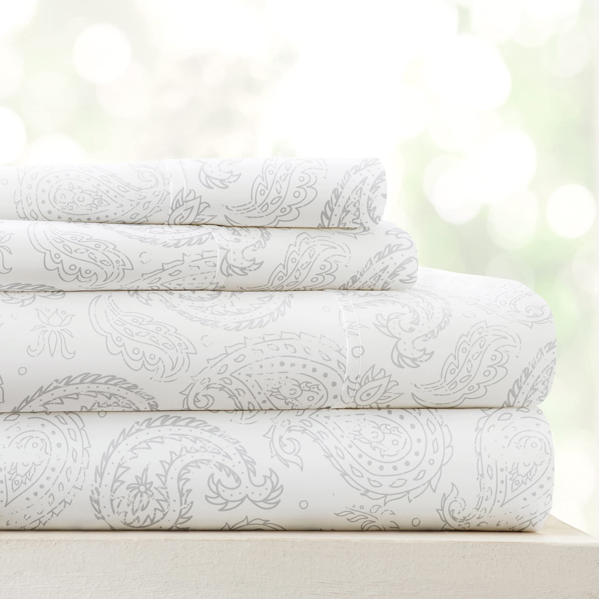 Linen Market Sheet Set, Microfiber, Coarse Paisley Light Gray, King