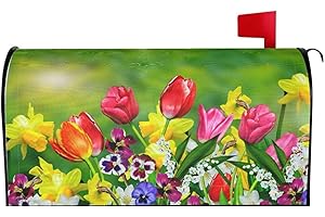 Abucaky Tulips and Daffodils Flowers Mailbox Cover Magnetic Spring Summer Waterproof Mailbox Wraps Post Letter Box Decor 21x18 in