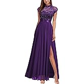 Miusol Women's Elegant Sequin Lace Contrast Chiffon Split Style Evening Party Maxi Dress