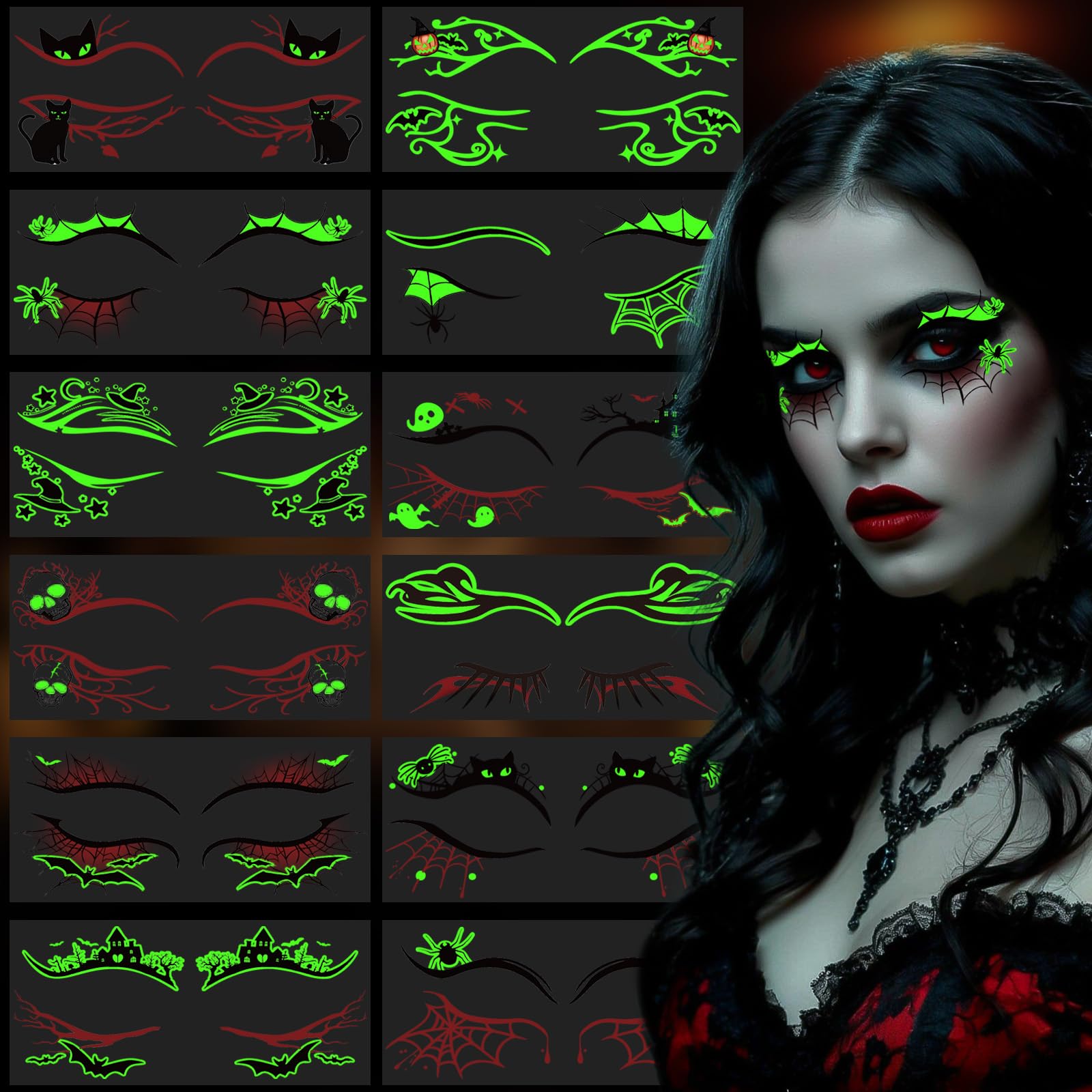 Photo 1 of 12 Pairs Glow Halloween Eye Shadow Stickers Face Makeup Patches, Luminous Eyeliner Decals Spider Web Cat Skull Bat Temporary Tattoo for Women Girls Fake Tattoos Halloween Masquerade Party Supplies