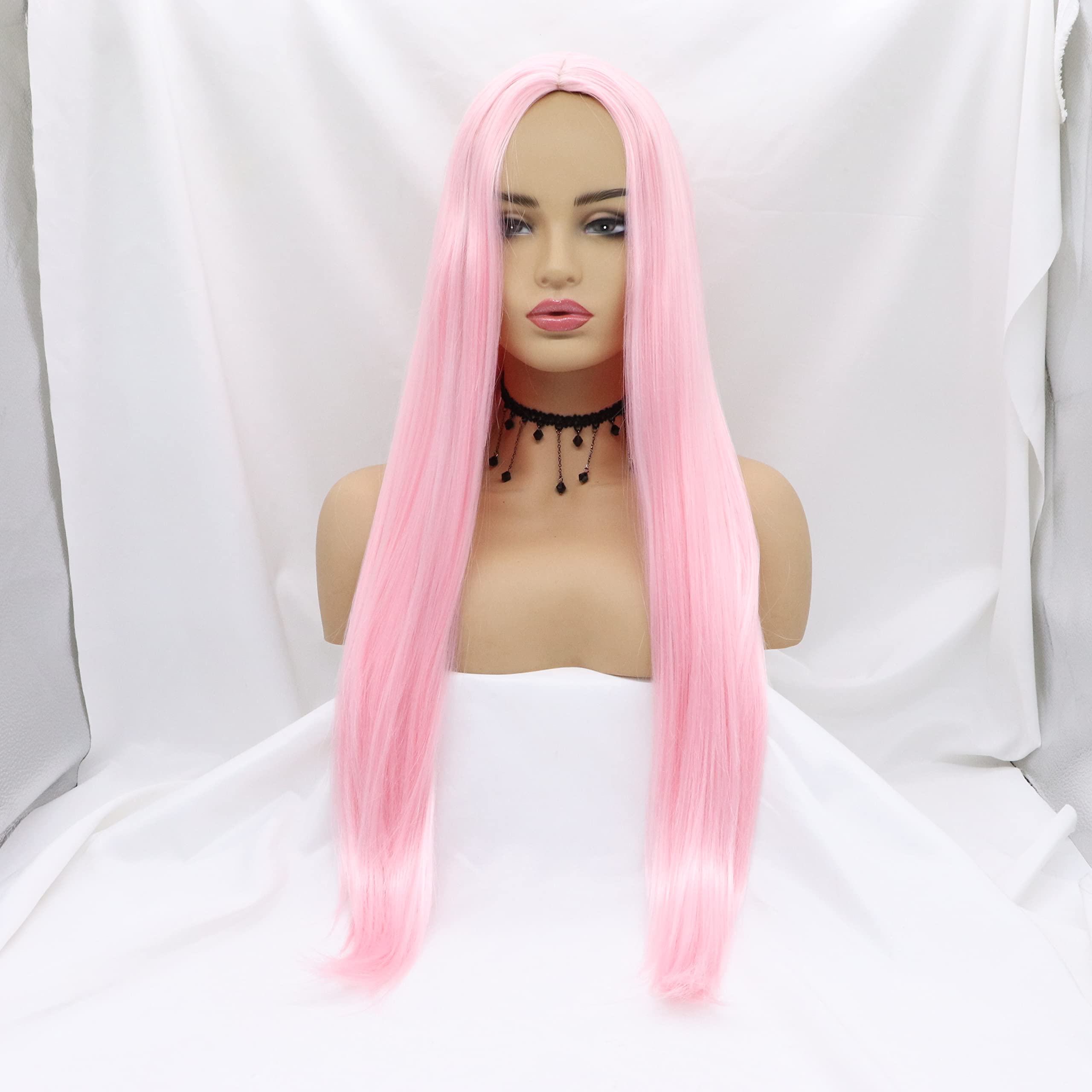 Xiweiya Long Ombre Baby Pink Synthetic Wigs Long Straight Pink Wigs Middle Part Heat Resistant Fiber Half Hand Tied Wig For Women 24inch โ image 1