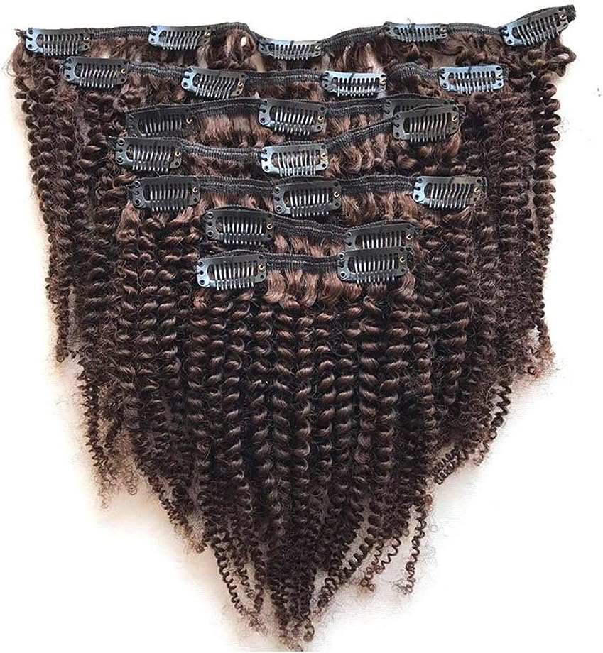 FDshine Afro Kinky Curly Human Hair Clip In Hair Extensions Mongolian 4a 4b For Black Women 7pcs/set (16", 4 Medium Brown)