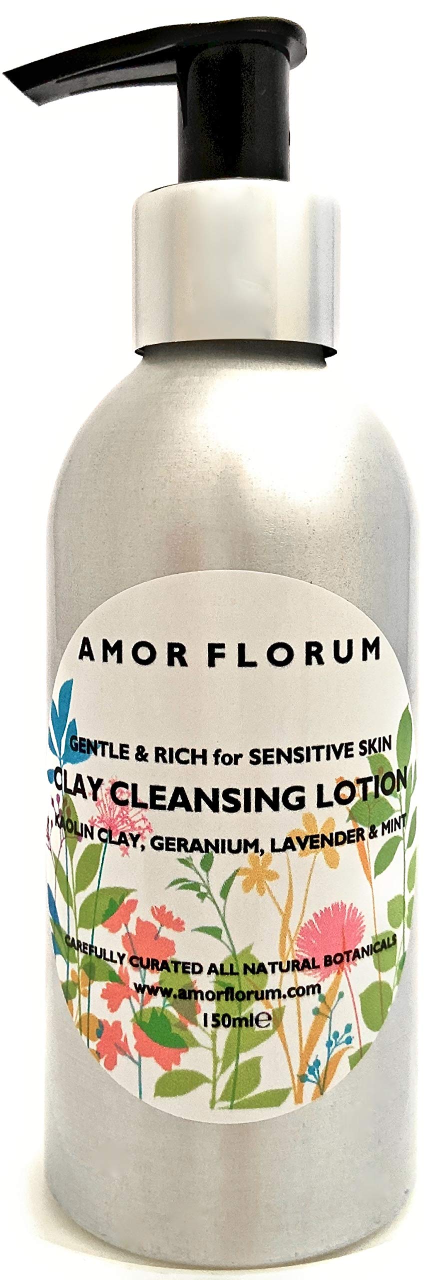 Amor Florum - Clay Cleansing Lotion - 99% Natural - Kaolin Clay, Lavender, Geranium, Mint. Gently Cleanses, Purifies & Hydrates. pH 5.5 for Sensitive Skin. 150ml