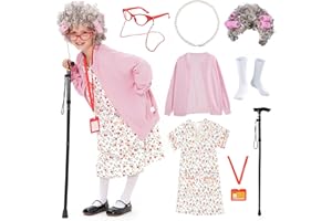 FAYBOX 9 pcs Old Lady Costume for Kids,100 Days of School Costume Old Lady Wig for Girls, Granny Grandma Dress Up