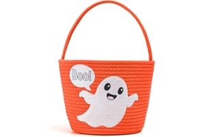 E-FirstFeeling Halloween Basket Trick or Treat Bucket,Woven Halloween Candy Bucket with Ghost Design,Holiday Party Decorations,Orange