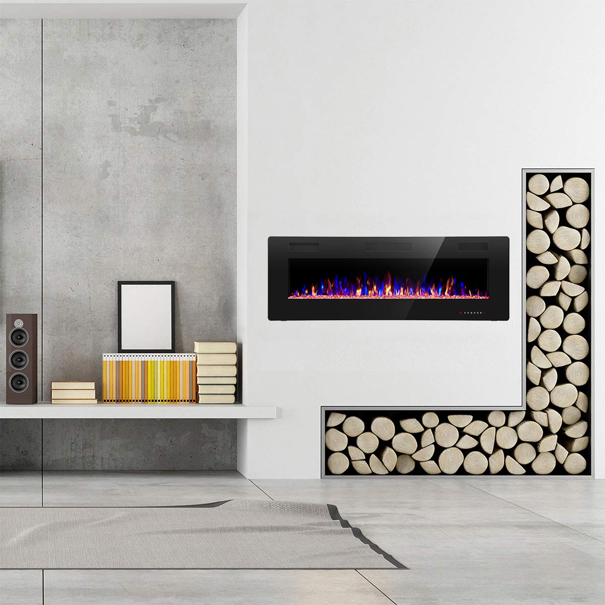 R.W.FLAME FElectric Fireplace Recessed and Wall Mounted 42INCH,The Thinnest Fireplace,Low Noise, Fit for 2 x 6 and 2 x 4 Stud, Remote Control with Timer,Touch Screen,Adjustable Flame Color and Speed …