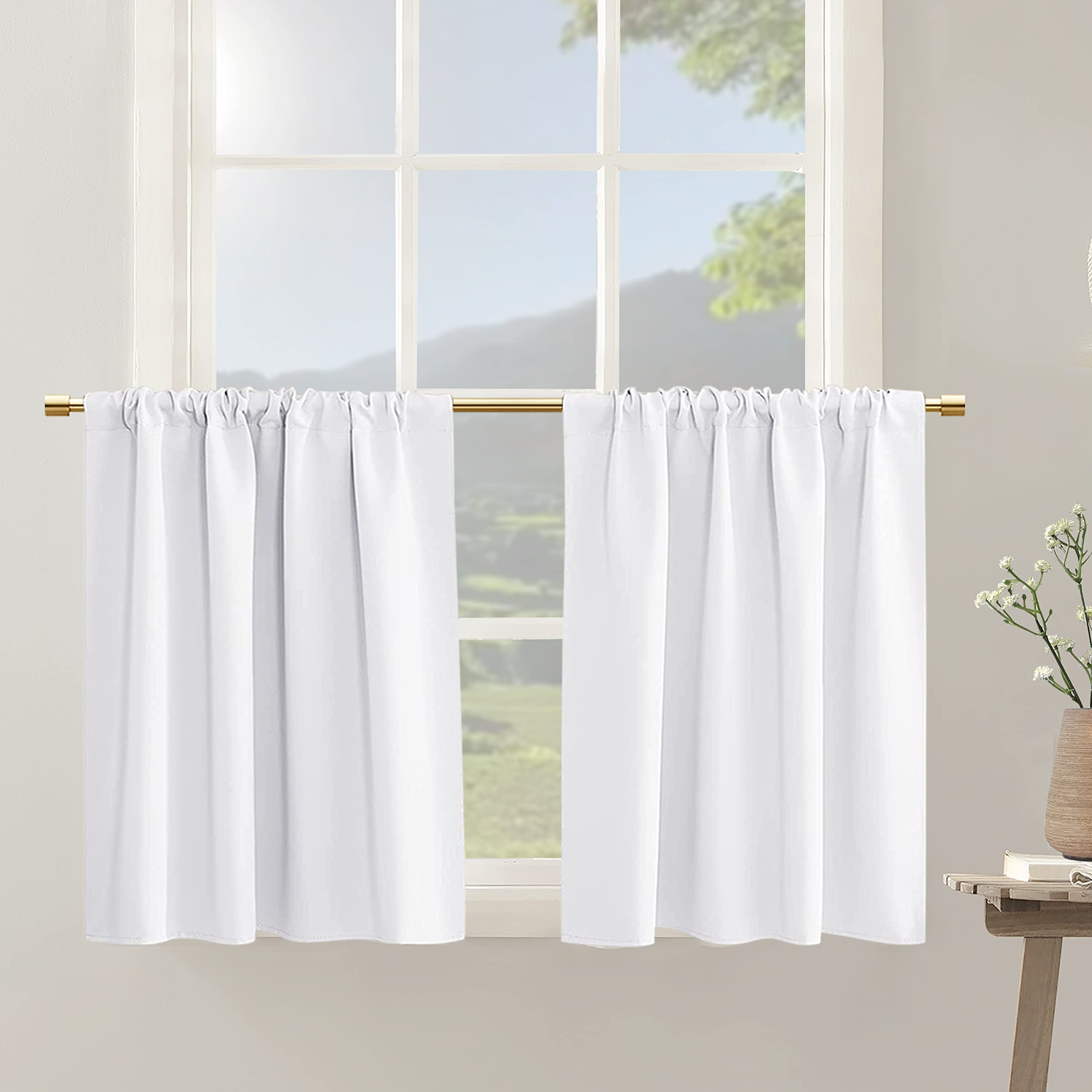 Photo 1 of 42 Wide White Small Cafe Curtains 36 Inches Long for Shelves RV Bathroom Kitchen Room Darkening Rod Pocket Set 2 Panels Blackout Short Tier Curtain for Bedroom Bunk Bed Cabinet Basement Mini Window
