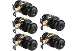 GOBEKOR 5 Pack Matte Black Door Knob Privacy Function, Bedroom and Bathroom Door Lockset (Thumb Turn, No Key), Round Ball Doo
