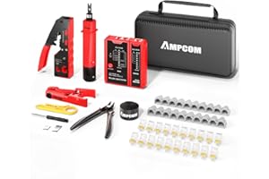 AMPCOM Ethernet Crimping Tool Kit 10-in-1 Pass Through RJ45/RJ11 Network Tool Kit with RJ45 Tester for Cat6/5e RJ45 Connectors, Includes 110 Punch Down Tool & Wire Stripper, Portable Waterproof Bag